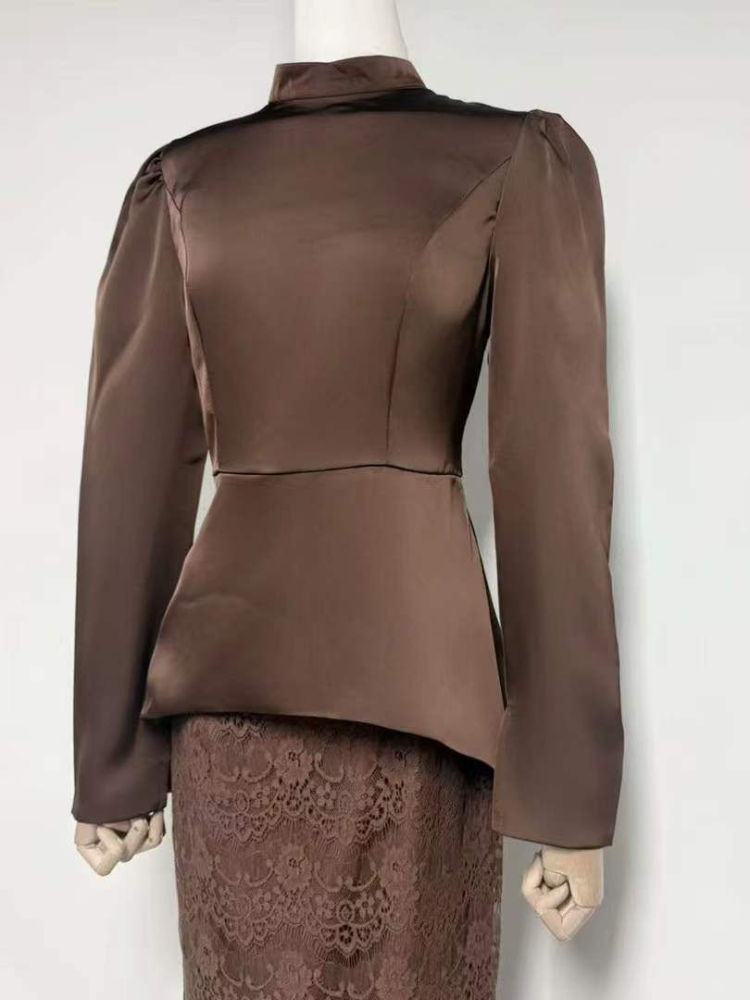 TWOTWINSTYLE Stand Collar Long Sleeve Tunic Top Spliced Lace Skirt Vintage Set