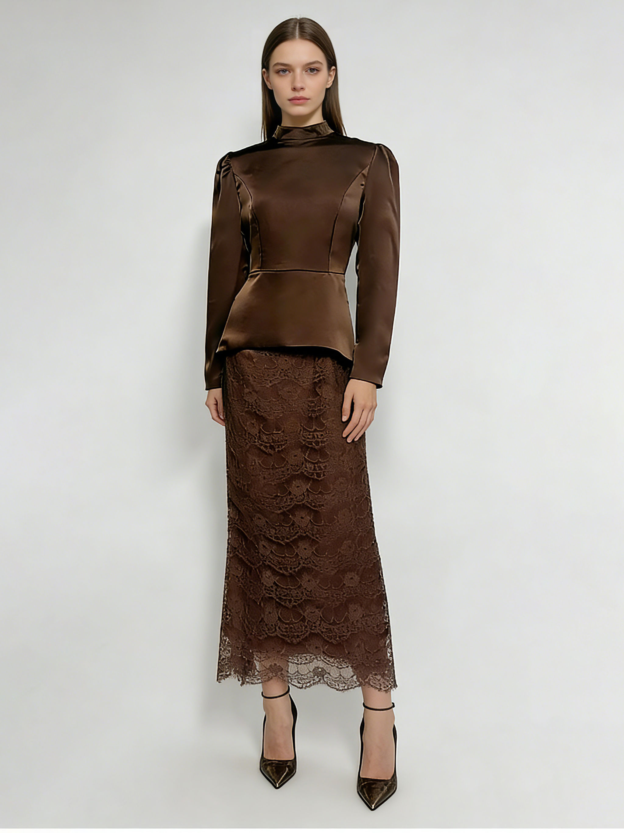 TWOTWINSTYLE Stand Collar Long Sleeve Tunic Top Spliced Lace Skirt Vintage Set