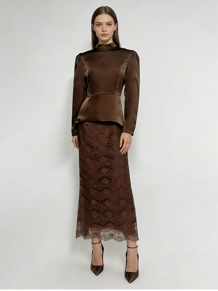 TWOTWINSTYLE Stand Collar Long Sleeve Tunic Top Spliced Lace Skirt Vintage Set
