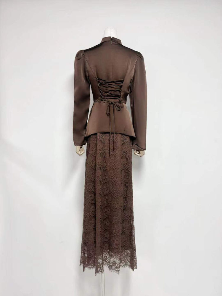 TWOTWINSTYLE Stand Collar Long Sleeve Tunic Top Spliced Lace Skirt Vintage Set
