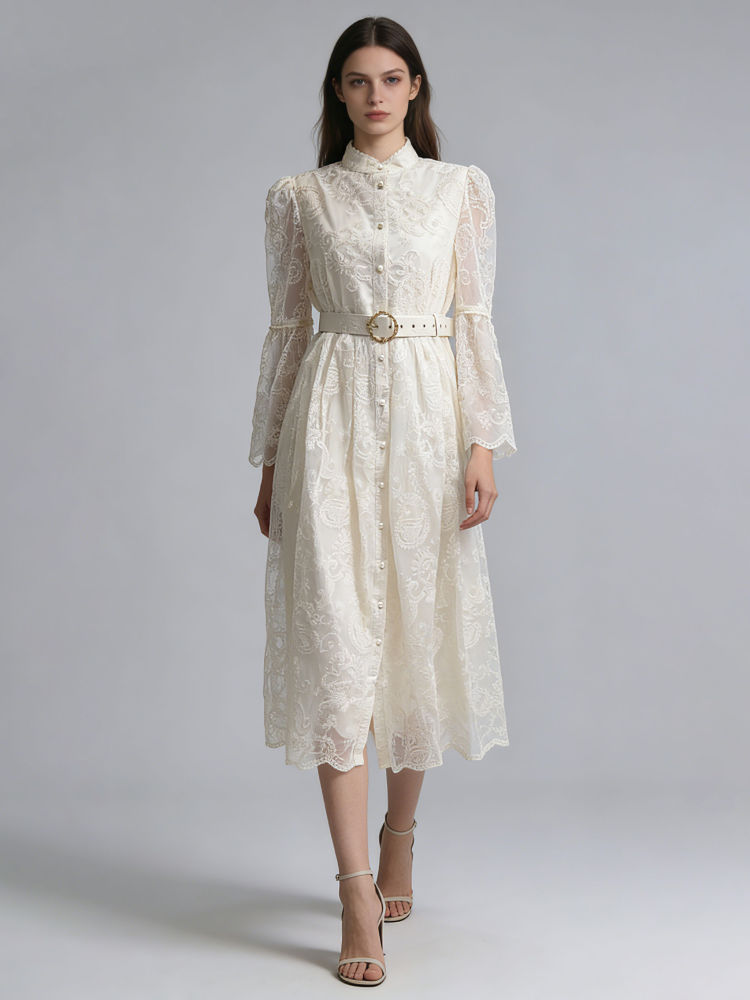 TWOTWINSTYLE Stand Collar Patchwork Lace Tunic Fashion Dress