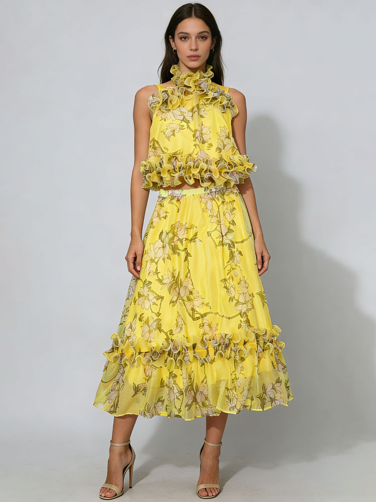 TWOTWINSTYLE Stand Collar Sleeveles Top High Waist Skirt Chic Dress