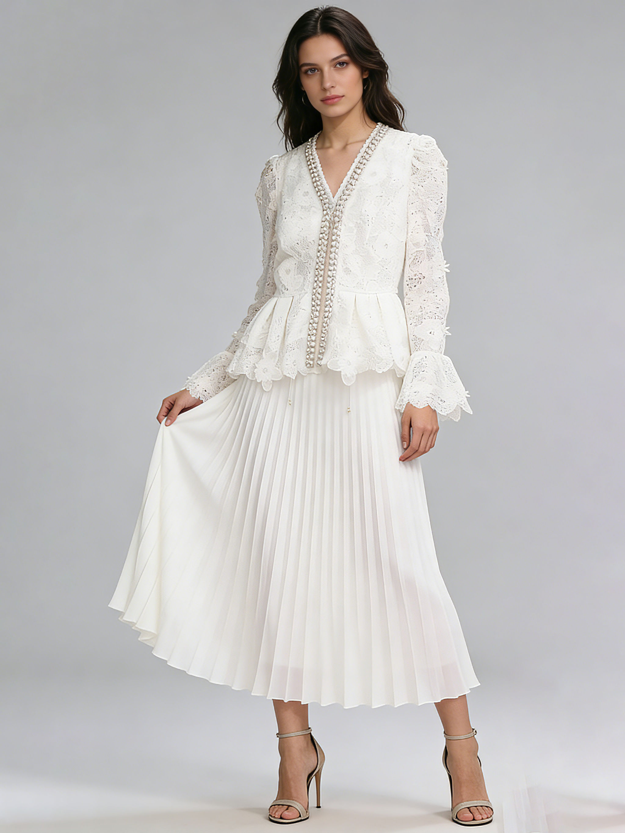 TWOTWINSTYLE V Neck Patchwork Pearl Top Solid Skirt Designer Dress