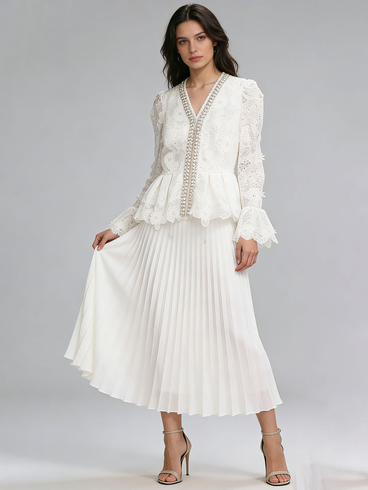 TWOTWINSTYLE V Neck Patchwork Pearl Top Solid Skirt Designer Dress