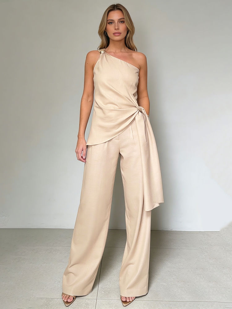 TWOTWINSTYLE Off One Shoulder Patchwork Knot Top Solid Wide Leg Pants Fashion Set