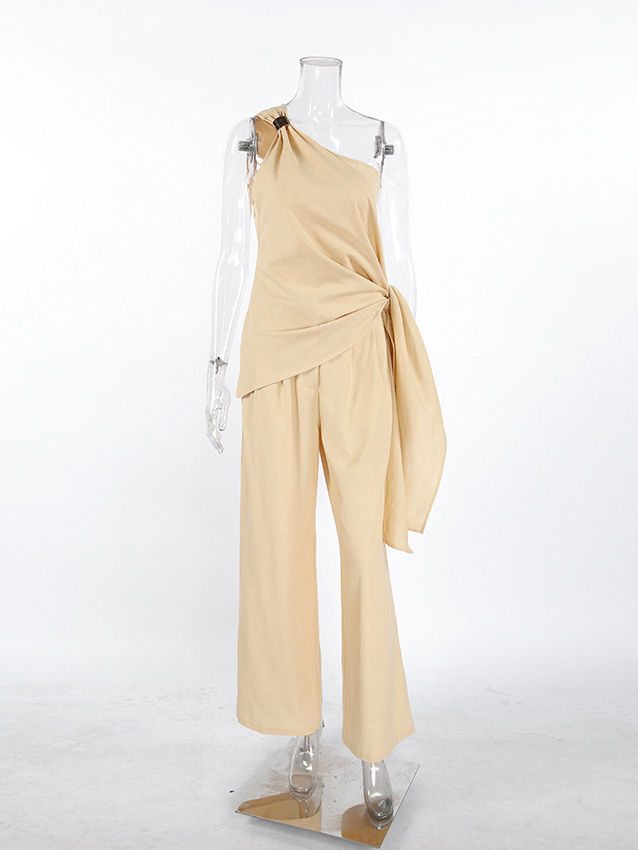 TWOTWINSTYLE Off One Shoulder Patchwork Knot Top Solid Wide Leg Pants Fashion Set