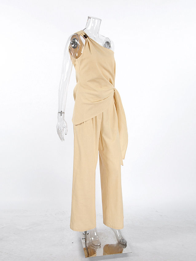 TWOTWINSTYLE Off One Shoulder Patchwork Knot Top Solid Wide Leg Pants Fashion Set