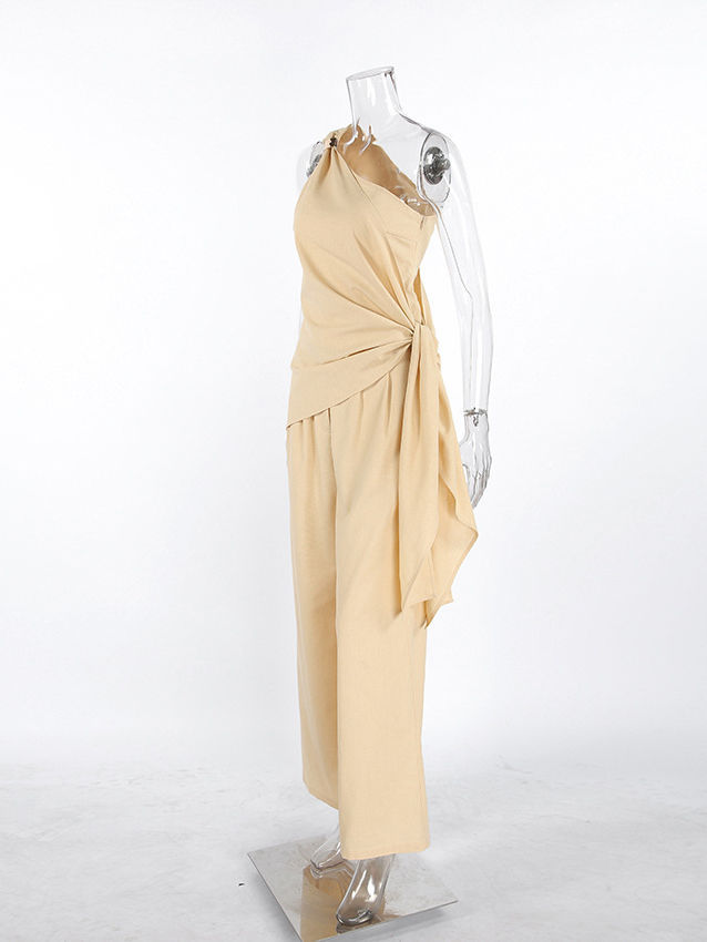 TWOTWINSTYLE Off One Shoulder Patchwork Knot Top Solid Wide Leg Pants Fashion Set