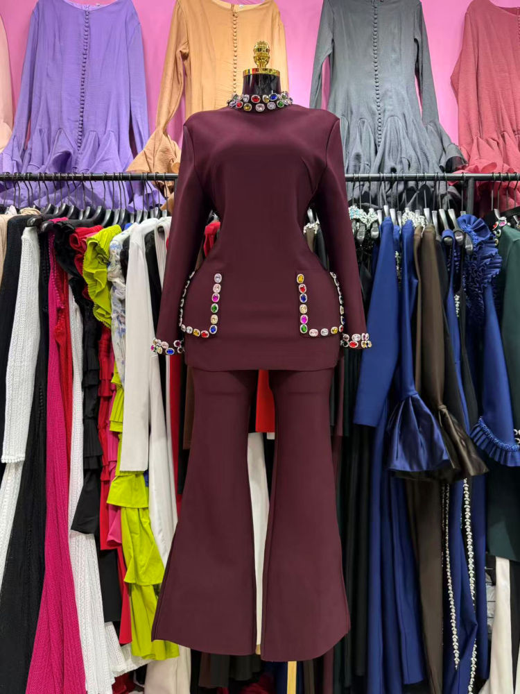 TWOTWINSTYLE Stand Collar Spliced Diamond Top Bell Bottoms Vintage Set