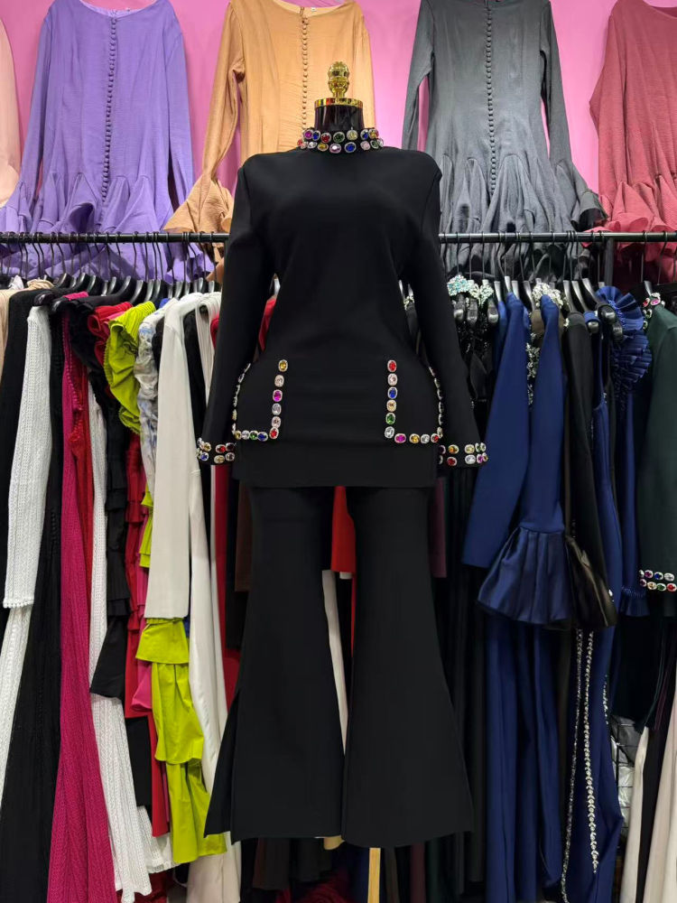 TWOTWINSTYLE Stand Collar Spliced Diamond Top Bell Bottoms Vintage Set