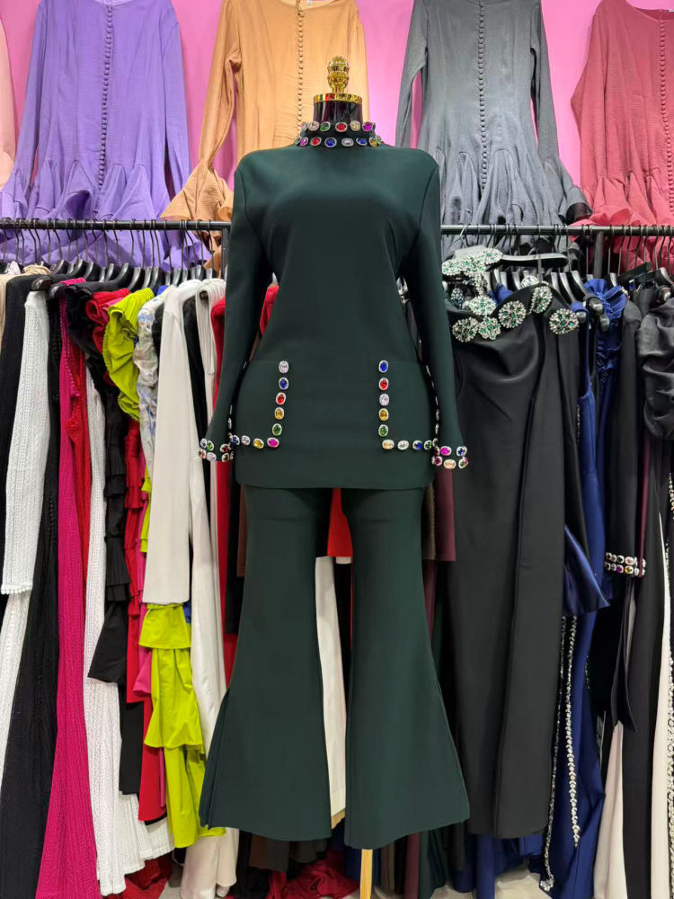 TWOTWINSTYLE Stand Collar Spliced Diamond Top Bell Bottoms Vintage Set