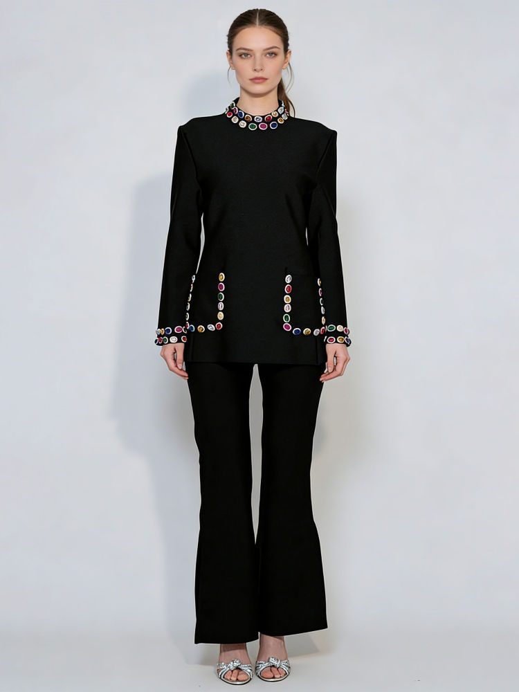 TWOTWINSTYLE Stand Collar Spliced Diamond Top Bell Bottoms Vintage Set