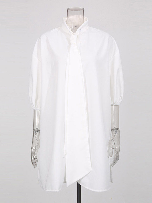 TWOTWINSTYLE Solid Short Sleeve Spliced Lace Up Casual Shirt
