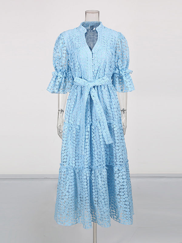 TWOTWINSTYLE V Neck Puff Sleeve High Waist Fashion Dress