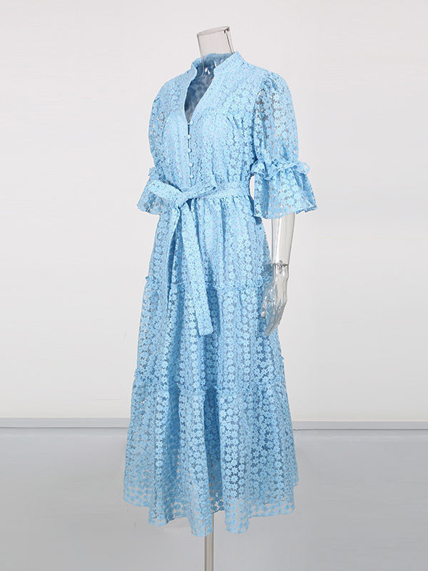 TWOTWINSTYLE V Neck Puff Sleeve High Waist Fashion Dress