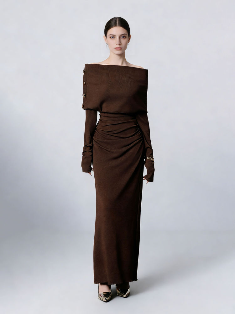 TWOTWINSTYLE Off Shoulder Long Sleeve Tunic Vintage Dress