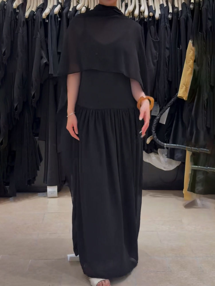 TWOTWINSTYLE Stand Collar Irregular Hem Coat Solid Sleeveles Dress Elegant Set