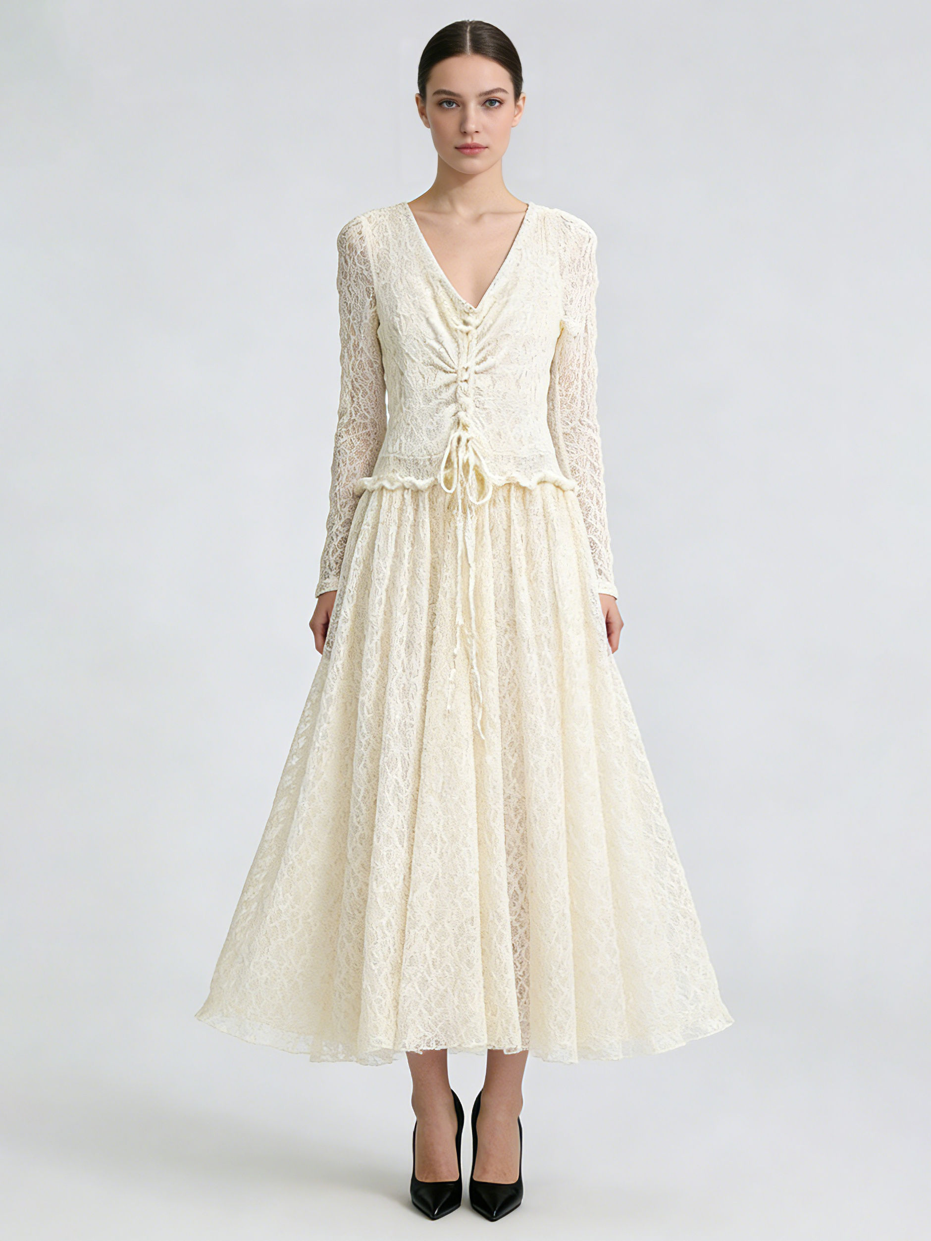 TWOTWINSTYLE V Neck Long Sleeve Patchwork Lace Chic Dress