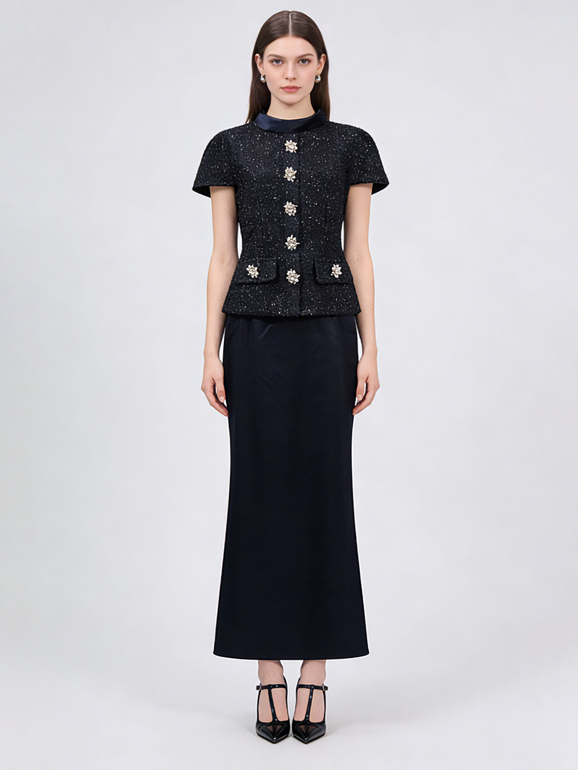 TWOTWINSTYLE Stand Collar Spliced Button Top Slimming Skirt Elegant Two Piece Set