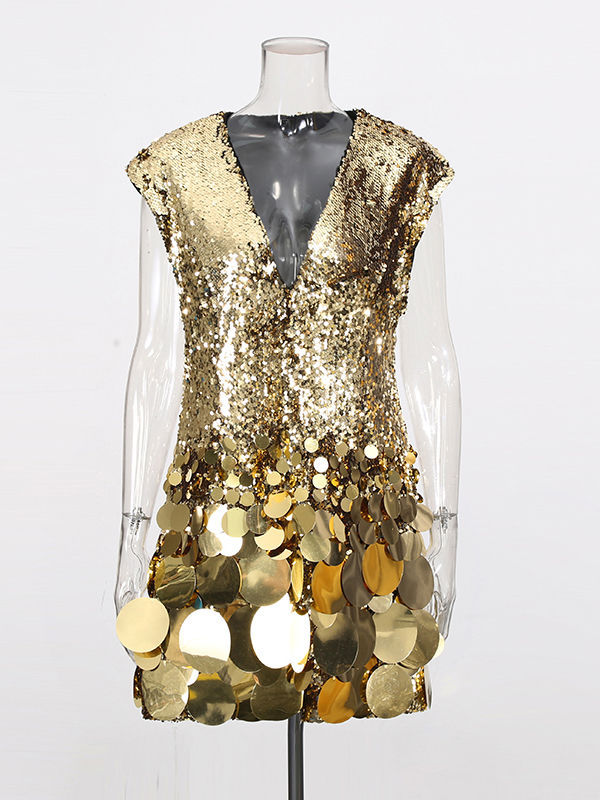 TWOTWINSTYLE V-Neck Sleeveless Spliced Sequins Mini Dress