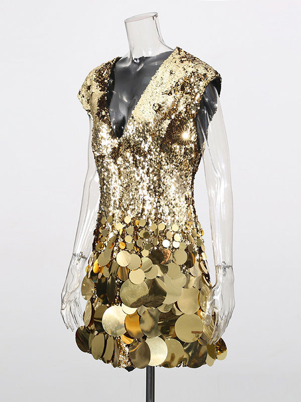 TWOTWINSTYLE V-Neck Sleeveless Spliced Sequins Mini Dress