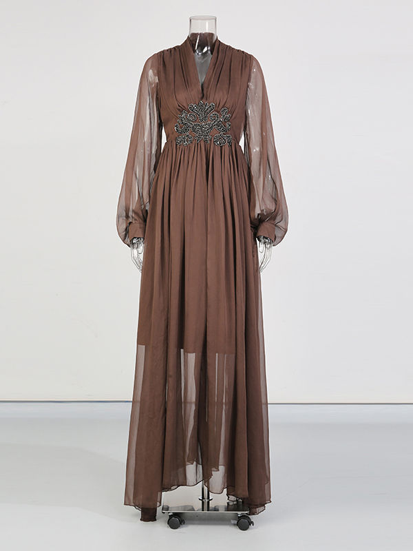 TWOTWINSTYLE V Neck Long Sleeve Spliced Diamond Vintage Dress