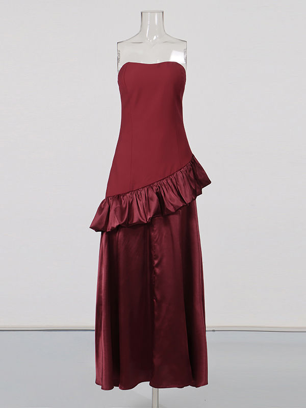 TWOTWINSTYLE Solid Spliced Ruffles Strapless Elegant Dress