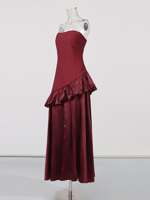 TWOTWINSTYLE Solid Spliced Ruffles Strapless Elegant Dress