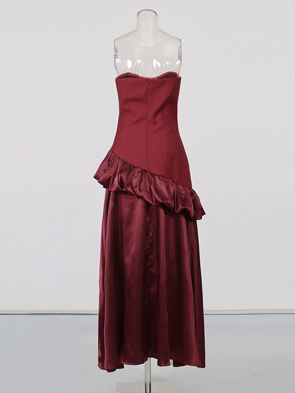 TWOTWINSTYLE Solid Spliced Ruffles Strapless Elegant Dress