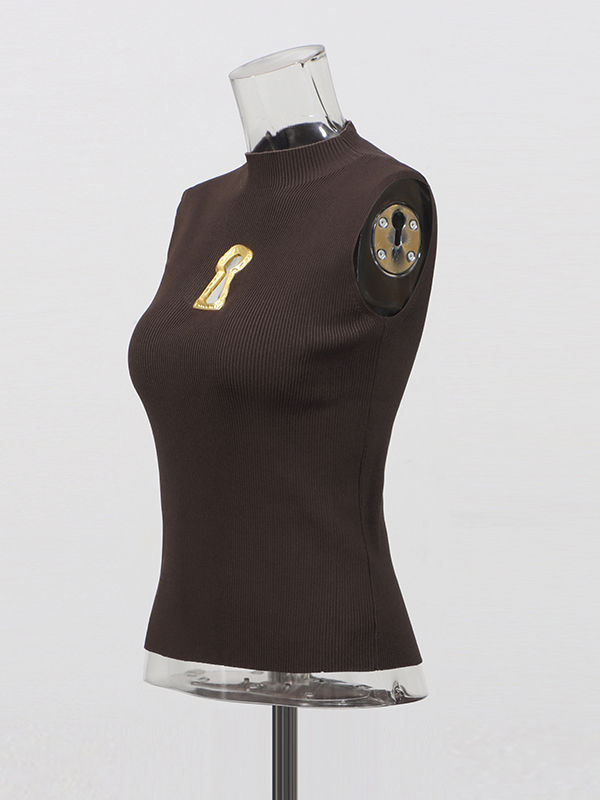 TWOTWINSTYLE Solid Sleeveless Hollow Out Knitting T-shirts