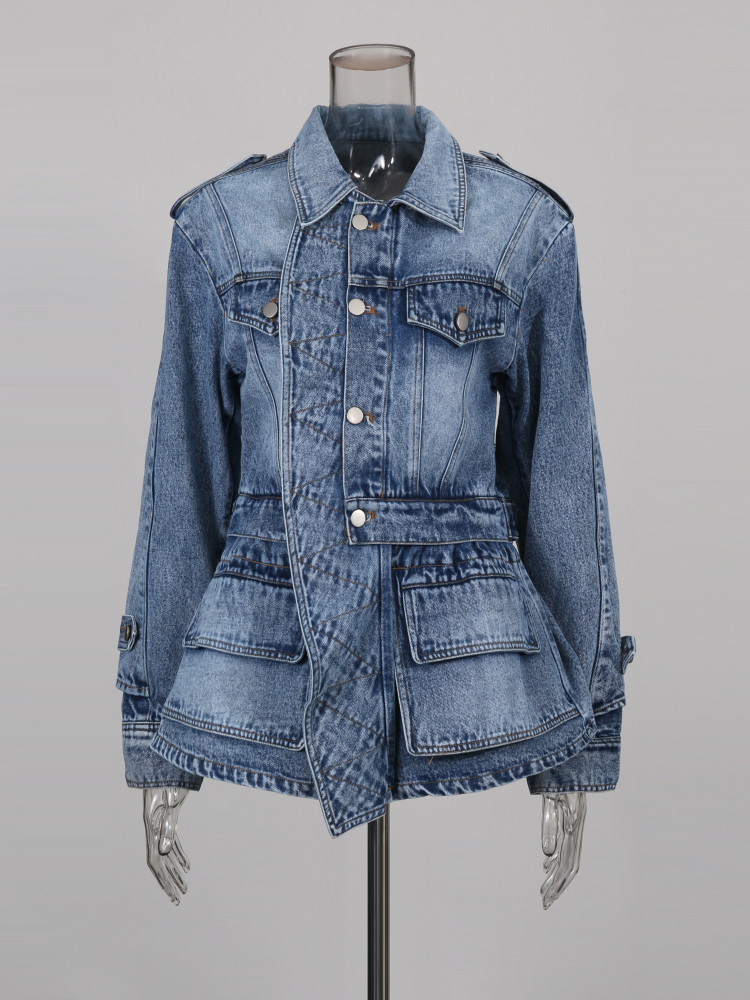 TWOTWINSTYLE Lapel Long Sleeve Designer Denim Coat