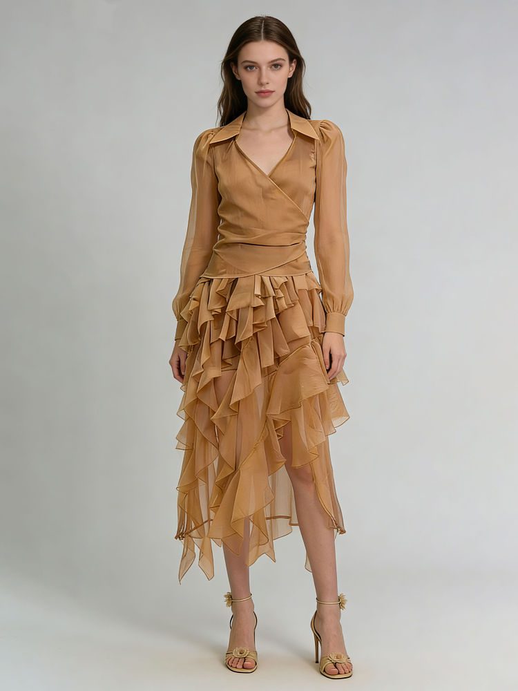 TWOTWINSTYLE Lapel Tunic Top Irregular Hem Skirt Fashion Two Piece Set