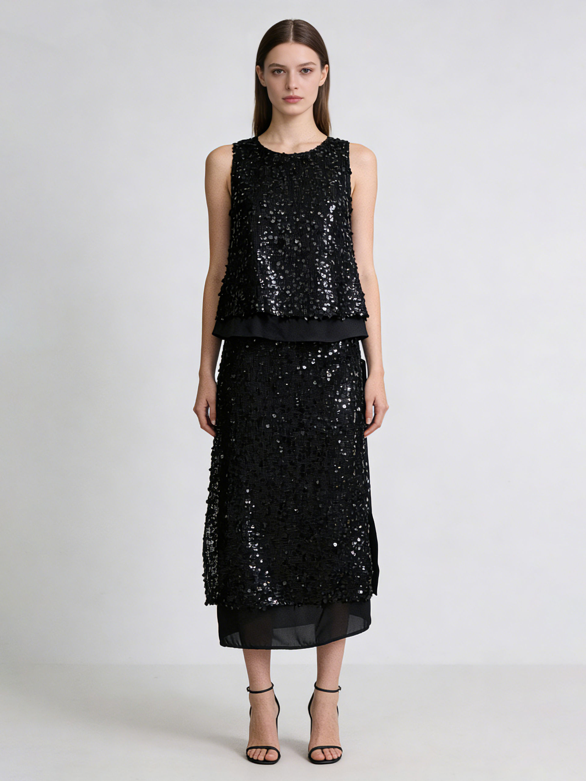 TWOTWINSTYLE Round Neck Sleeveles Top Spliced Sequins Skirt Elegant Two Piece Set