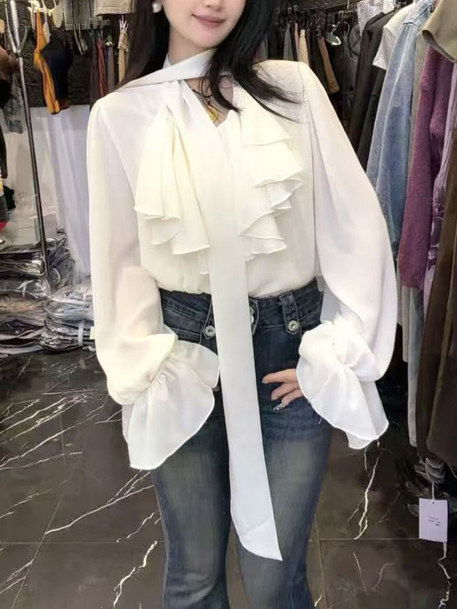TWOTWINSTYLE Solid Spliced Lace Up Bell Sleeve Casual Shirt