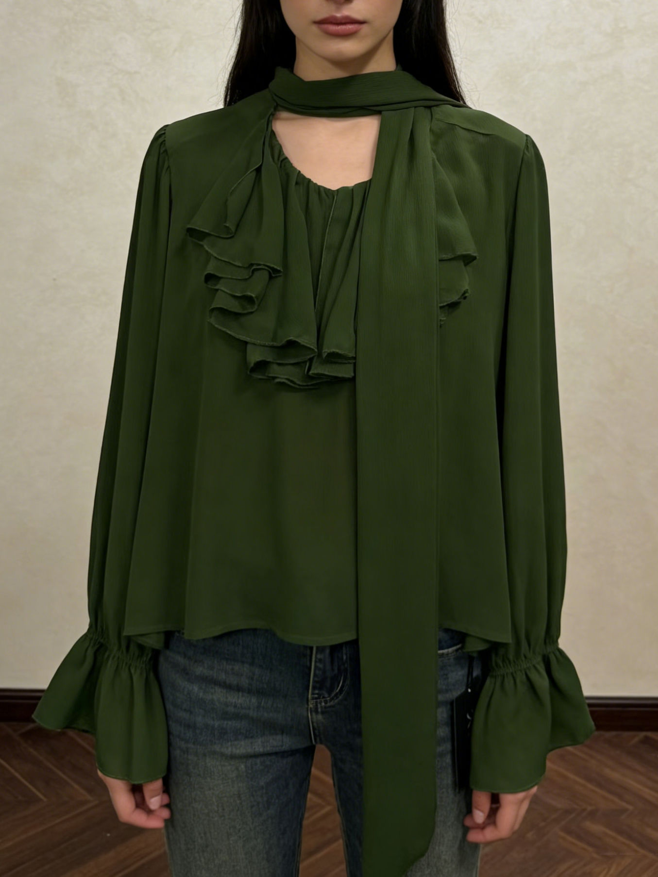 TWOTWINSTYLE Solid Spliced Lace Up Bell Sleeve Casual Shirt