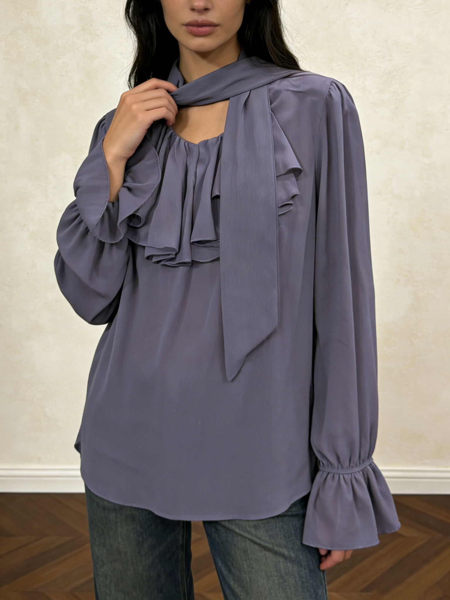 TWOTWINSTYLE Solid Spliced Lace Up Bell Sleeve Casual Shirt