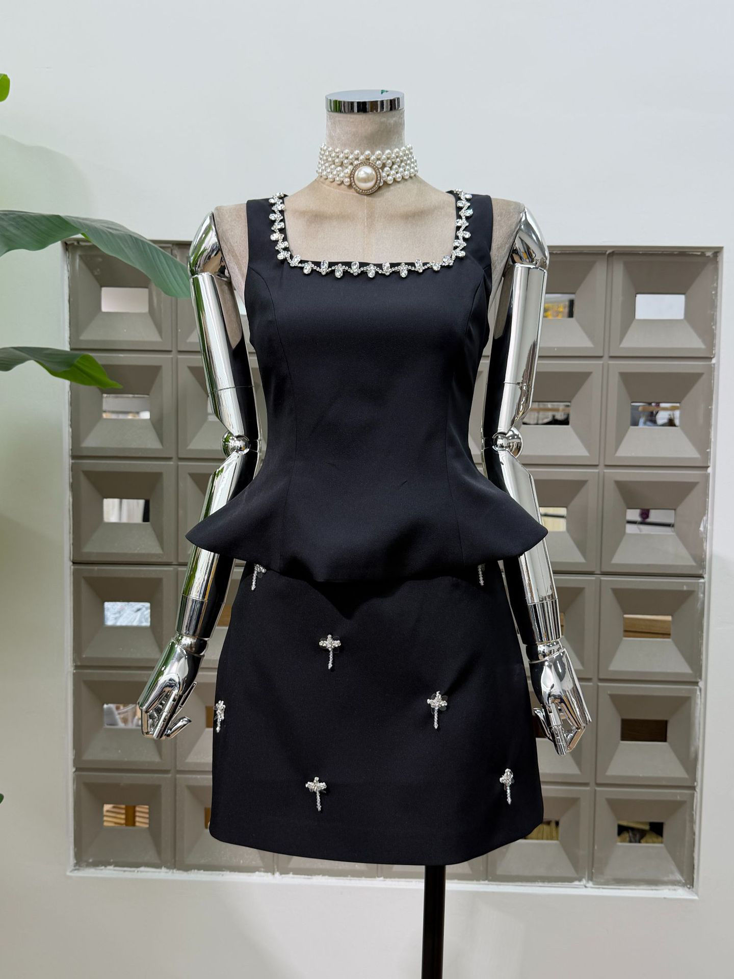 TWOTWINSTYLE Square Neckline Off Shoulder Tunic Top Patchwork Diamond Fashion Set