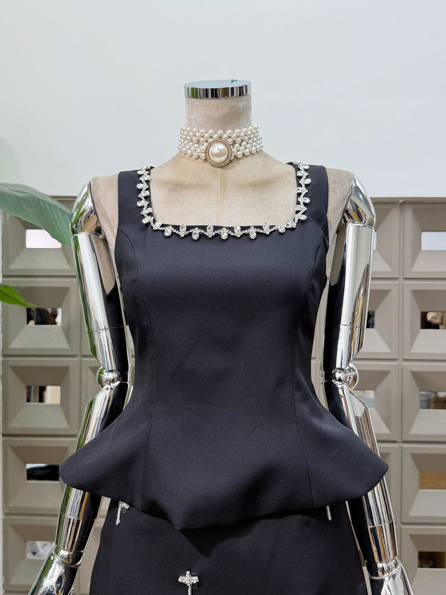 TWOTWINSTYLE Square Neckline Off Shoulder Tunic Top Patchwork Diamond Fashion Set