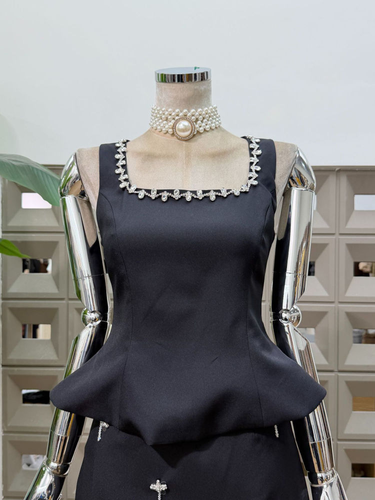 TWOTWINSTYLE Square Neckline Off Shoulder Tunic Top Patchwork Diamond Fashion Set