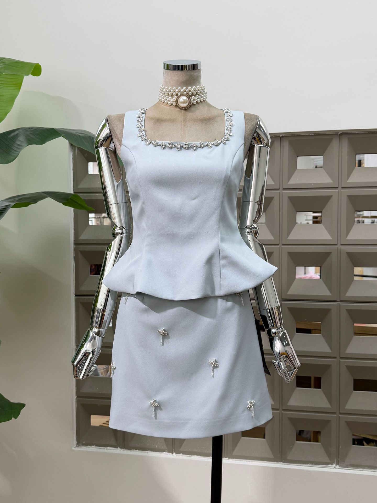 TWOTWINSTYLE Square Neckline Off Shoulder Tunic Top Patchwork Diamond Fashion Set
