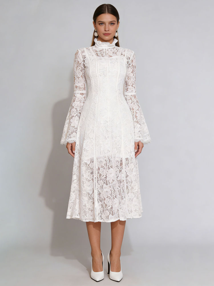 TWOTWINSTYLE Stand Collar Patchwork Lace Elegant Dress