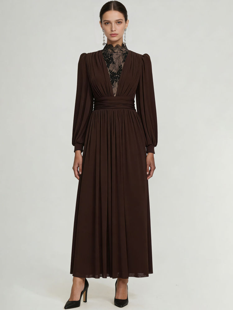 TWOTWINSTYLE Stand Collar Patchwork Lace Vintage Midi Dress
