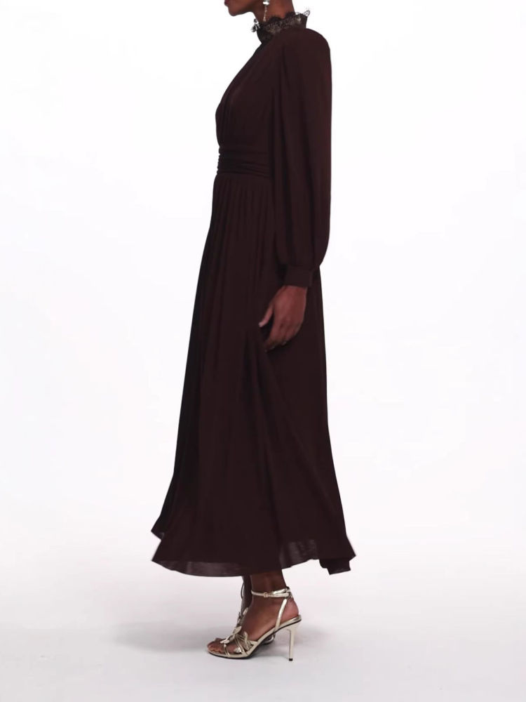 TWOTWINSTYLE Stand Collar Patchwork Lace Vintage Midi Dress