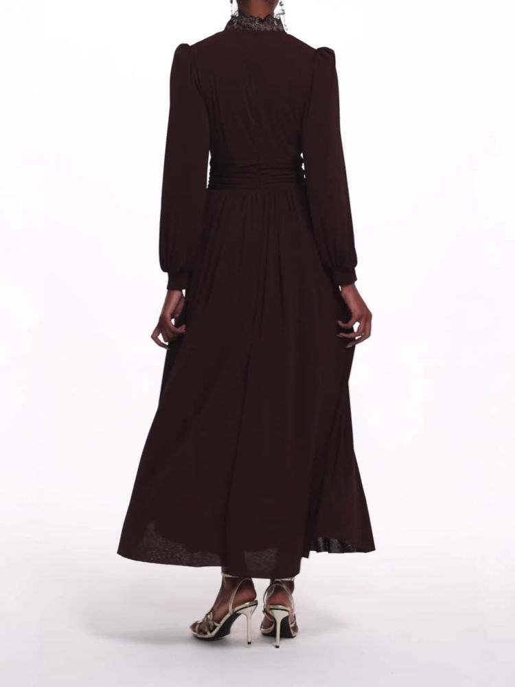 TWOTWINSTYLE Stand Collar Patchwork Lace Vintage Midi Dress