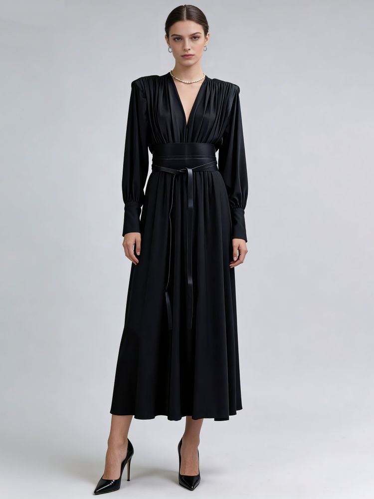 TWOTWINSTYLE V Neck Long Sleeve Tunic Minimalist Dress