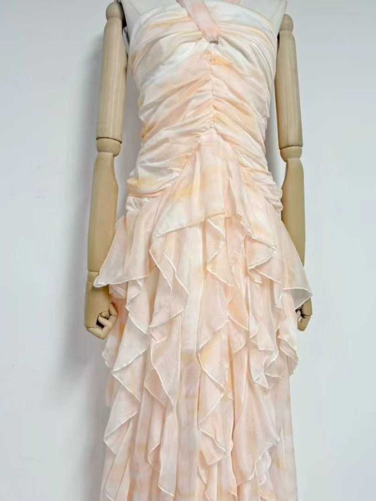 TWOTWINSTYLE Halter Tie Dye Irregular Ruffles Fashion Dress