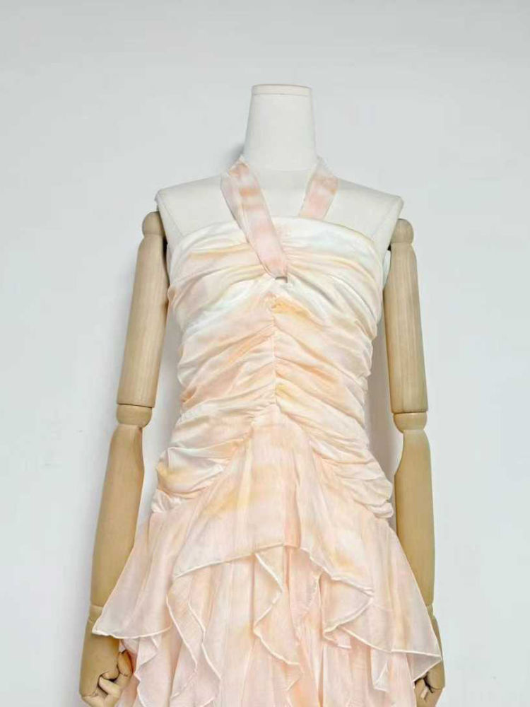 TWOTWINSTYLE Halter Tie Dye Irregular Ruffles Fashion Dress