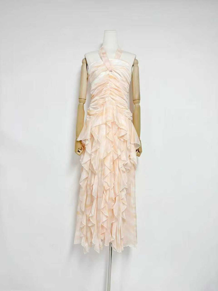 TWOTWINSTYLE Halter Tie Dye Irregular Ruffles Fashion Dress