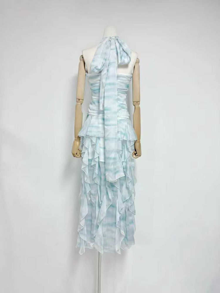 TWOTWINSTYLE Halter Tie Dye Irregular Ruffles Fashion Dress