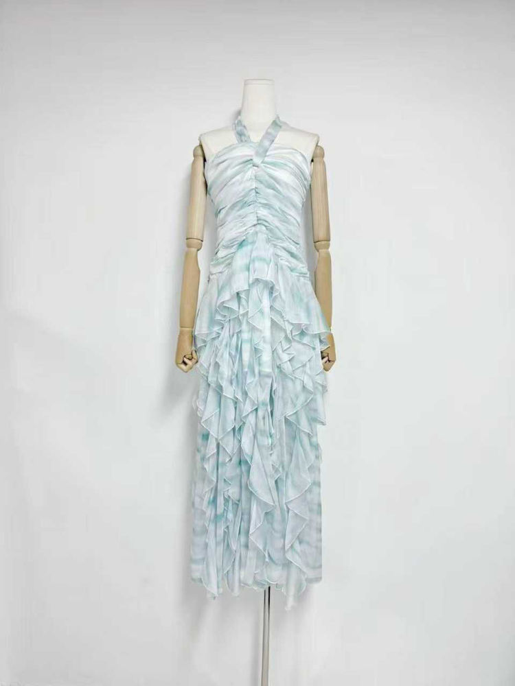 TWOTWINSTYLE Halter Tie Dye Irregular Ruffles Fashion Dress